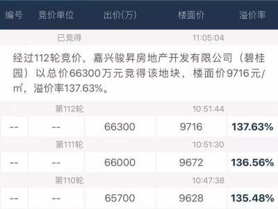 桐乡土拍市场火爆连续两块土地溢价率破100%