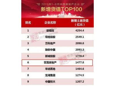 2019 上半年世茂房地产销售金额突破千亿，新增土地货值位列第 6